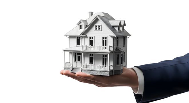 Executive Finance Visualization: Man in Suit with Detailed 3D-Printed House Model on White Studio Backdrop