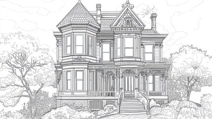 Detailed drawing of a large house with trees in front. Usable for coloring books or house plans