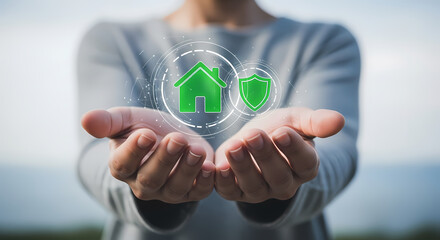 A person holds a digital house and shield icon, representing home insurance, protection, and security, emphasizing safety and coverage concepts.