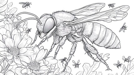 Bee on flowers, flying bees in the background, a possible coloring book page