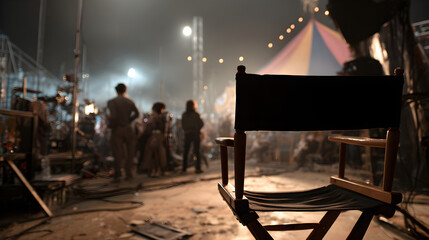 Director’s chair on a film set with blurred crew and circus tent in background