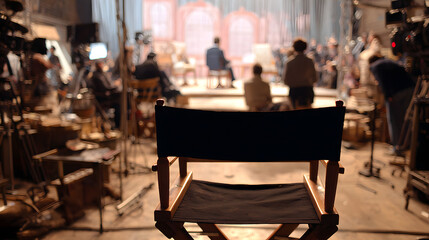 Director’s chair on a film set with blurred production crew