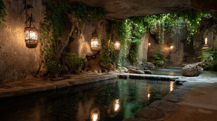 The indoor pool is located in a cavernous setting, surrounded by lush plants and hanging lights, and the clear waters create a serene atmosphere.