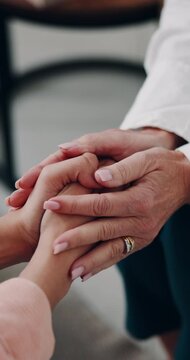 Support, hands and patient with doctor for consultation, stress and anxiety for result feedback. Healthcare, follow up appointment and woman with specialist, comfort and empathy for medical diagnosis