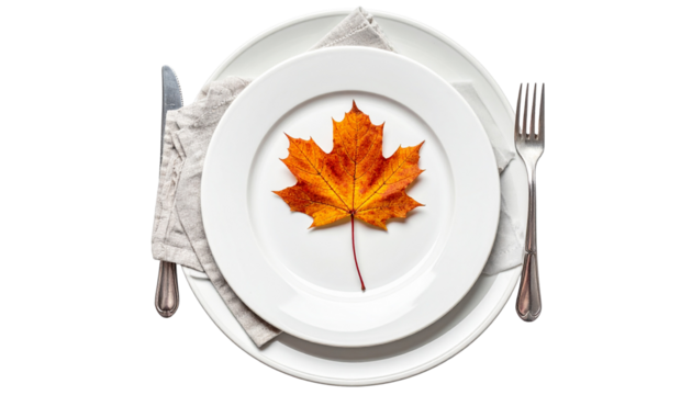 Simple table setting with white plate, linen napkin, and autumn leaf, isolated on white background, elegant holiday theme.