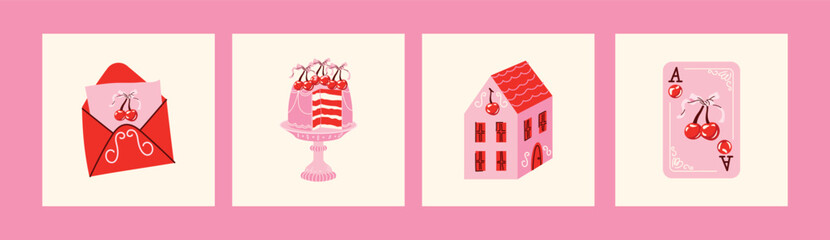 Coquette Aesthetic Vector Set. Vintage Cherry Cake, Ribbon Bow, Love Letter, Pink House, and Playing Card Illustration Collection