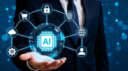 Conceptual visualization of artificial intelligence managing global business security, data privacy, and online commerce