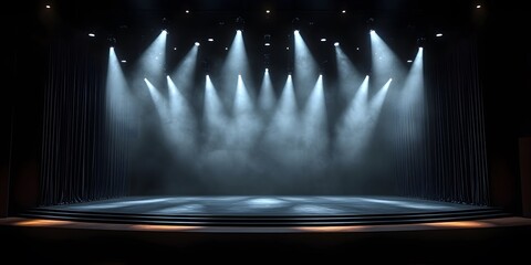 Bright stage lights illuminate an empty theater space during a live performance setup in the evening