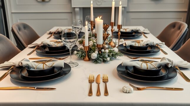 A beautifully decorated christmas dinner table with elegant black plates, gold cutlery, candles, and festive decorations creates a luxurious atmosphere