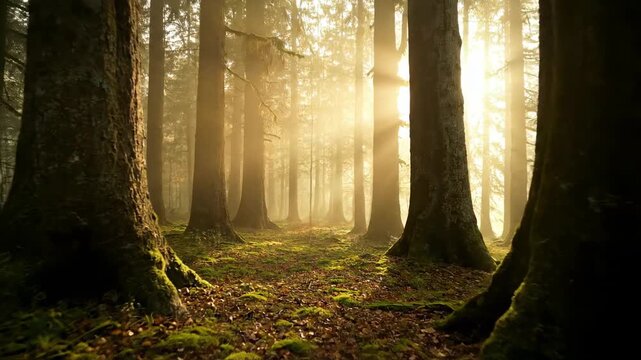Ethereal morning fog drifting through ancient forest trees with soft light and a slow tracking shot enchanting, forest landscape, atmospheric