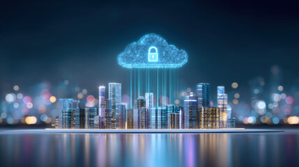 Cloud cybersecurity city skyline with secure cloud connection protecting data streams over illuminated buildings at night expressing digital trust