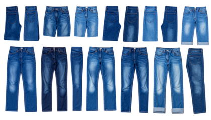 Different Styles of Blue Denim Jeans Displayed Top View, set collection, mega bundle isolated on a solid white background Png format