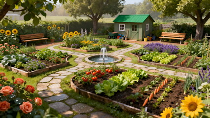 Fototapeta premium A vibrant backyard garden features raised vegetable beds, various flowers, a stone path, fountain, shed, benches, and is bathed in sunlight.