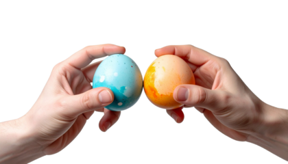 Easter tradition of cracking eggs, two hands hold eggs and try to break each other's egg.