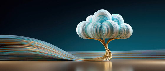 Cloud cybersecurity concept tree formed from flowing fiber optic strands surreal landscape evoking secure cloud network and data protection with