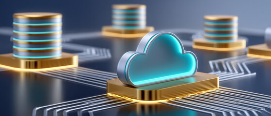 Cloud cybersecurity network infrastructure glowing cloud icon gold platform connecting data storage towers futuristic server environment with