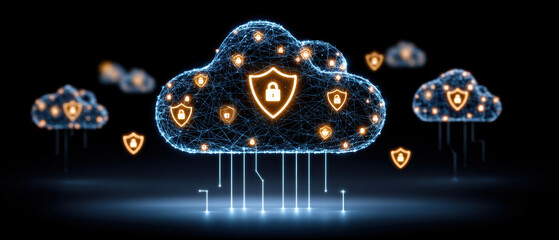 Secure cloud network protecting data with cybersecurity shield icons glowing in dark digital landscape evoking trust and protection