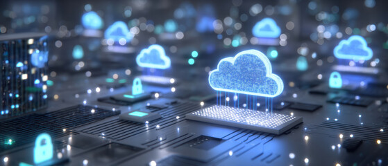 Cloud cybersecurity network infrastructure visualization showing secure cloud computing platform protecting data and devices futuristic server