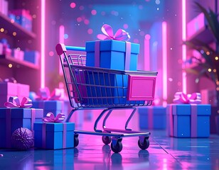 Vibrant shop scene with gift boxes and shopping cart