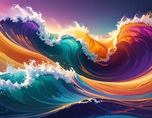 Vibrant, stylized ocean waves crashing with colorful, dynamic energy