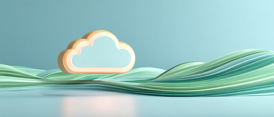 Cloud security concept with layered cloud icon over flowing teal waves conveying cybersecurity cloud protection and data resilience