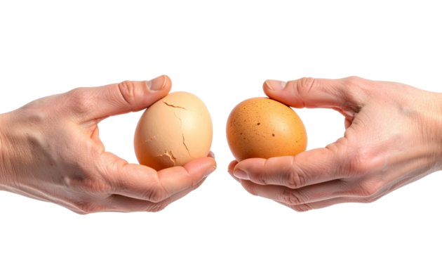 Easter tradition of cracking eggs, two hands hold eggs and try to break each other's egg.