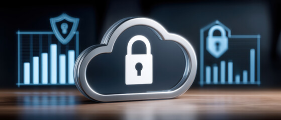 Cloud cybersecurity concept with secure cloud lock protecting data and analytics charts expressing confidence in online protection