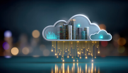 Cloud cybersecurity smart city skyline with secure cloud infrastructure and glowing data streams conveying protection and scalable cloud