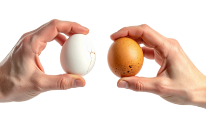 Easter tradition of cracking eggs, two hands hold eggs and try to break each other's egg.