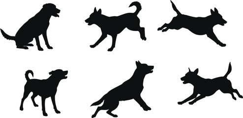 Dog silhouette vector, sitting walking leaping poses, black pet icon, dynamic canine motion, cad drawing flat vector illustration