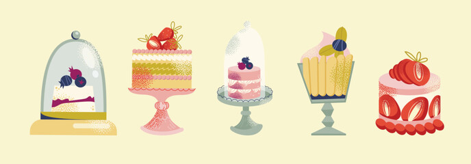Assorted Cute Vector Cakes Collection. Bakery, Patisserie, Dessert Menu Design, Sweet Shop Graphics, or Cafe Decoration Elements Set