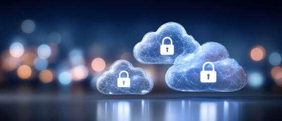 Secure cloud network with cybersecurity lock icons glowing over data cloud connection protecting information and privacy in digital infrastructure