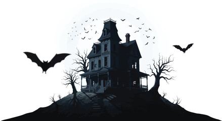 Vector art of haunted house on a hill with bats flying around