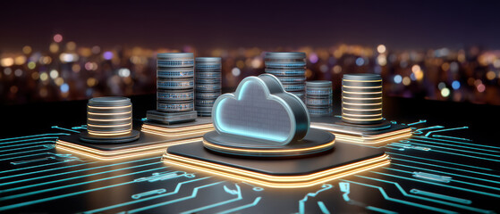 Cloud cybersecurity concept with illuminated cloud icon and server stacks glowing circuit board evoking secure data storage and network protection
