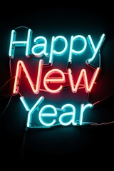 Obraz premium Glowing neon sign Happy New Year. Celebration, joy, and the start of a new year. For use in holiday promotions, party invitations, and seasonal advertising designs
