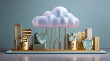 Cloud cybersecurity concept with padlock shield data center protection and abstract cloud infrastructure illustrating secure cloud environment