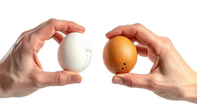 Easter tradition of cracking eggs, two hands hold eggs and try to break each other's egg.