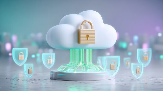 Cloud cybersecurity network protection with padlock symbol securing data cloud infrastructure glowing circuitry and shield icons conveying digital
