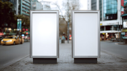Two blank vertical billboards on a city street with blurred traffic and buildings