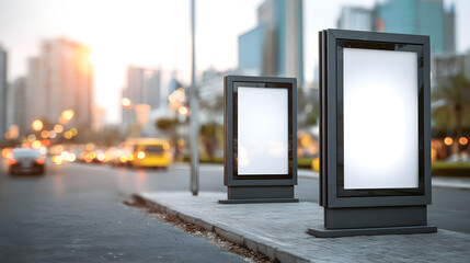 Two blank illuminated billboards on a city street with blurred traffic and buildings
