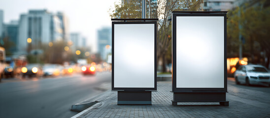 Two blank vertical billboards on a city sidewalk with blurred traffic in the background