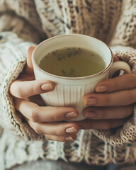 Close-up of hands holding a white mug of green herbal tea with a cozy knitted sweater