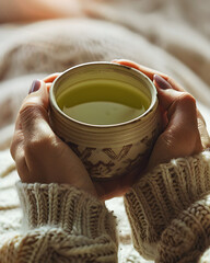 Close-up of hands holding a warm cup of green tea in a cozy knitted sweater