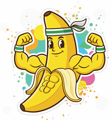 muscular banana cartoon vector using a rope on his head with a colorful happy background