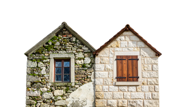 Old stone cottage walls with narrow windows, isolated on transparent background