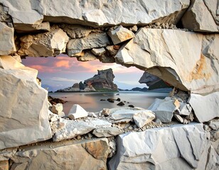 View of island and water framed by a broken stone wall