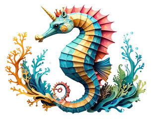 Seahorse creative paper cut artwork with vibrant colors and clear PNG transparency.