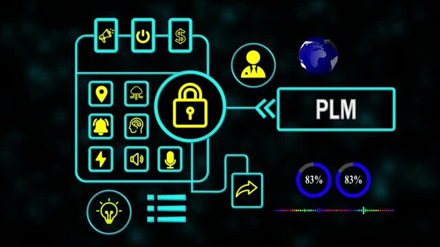 PLM (Product Lifecycle Management) system concept illustrating technology, internet networks, and digital solutions for managing products from design to end-of-life efficiently.