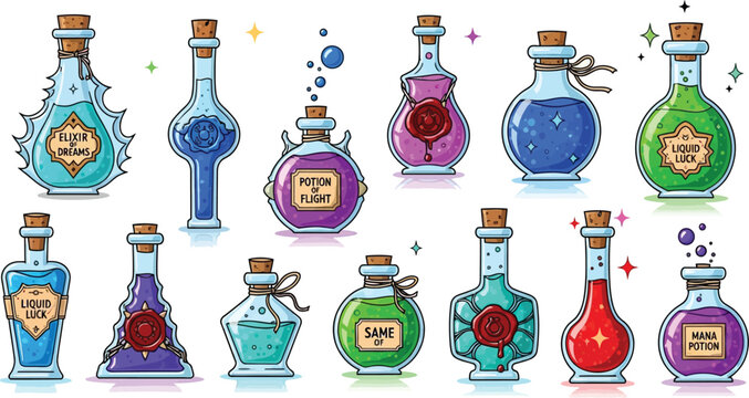 Vector art of collection of colorful magic potions in glass bottles