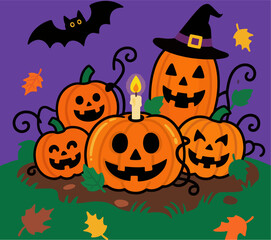 Halloween Pumpkin Patch Vector Illustration, Jack-o-Lanterns, Witch Hat, Candle, Bat, Swirling Vines, and Autumn Leaves